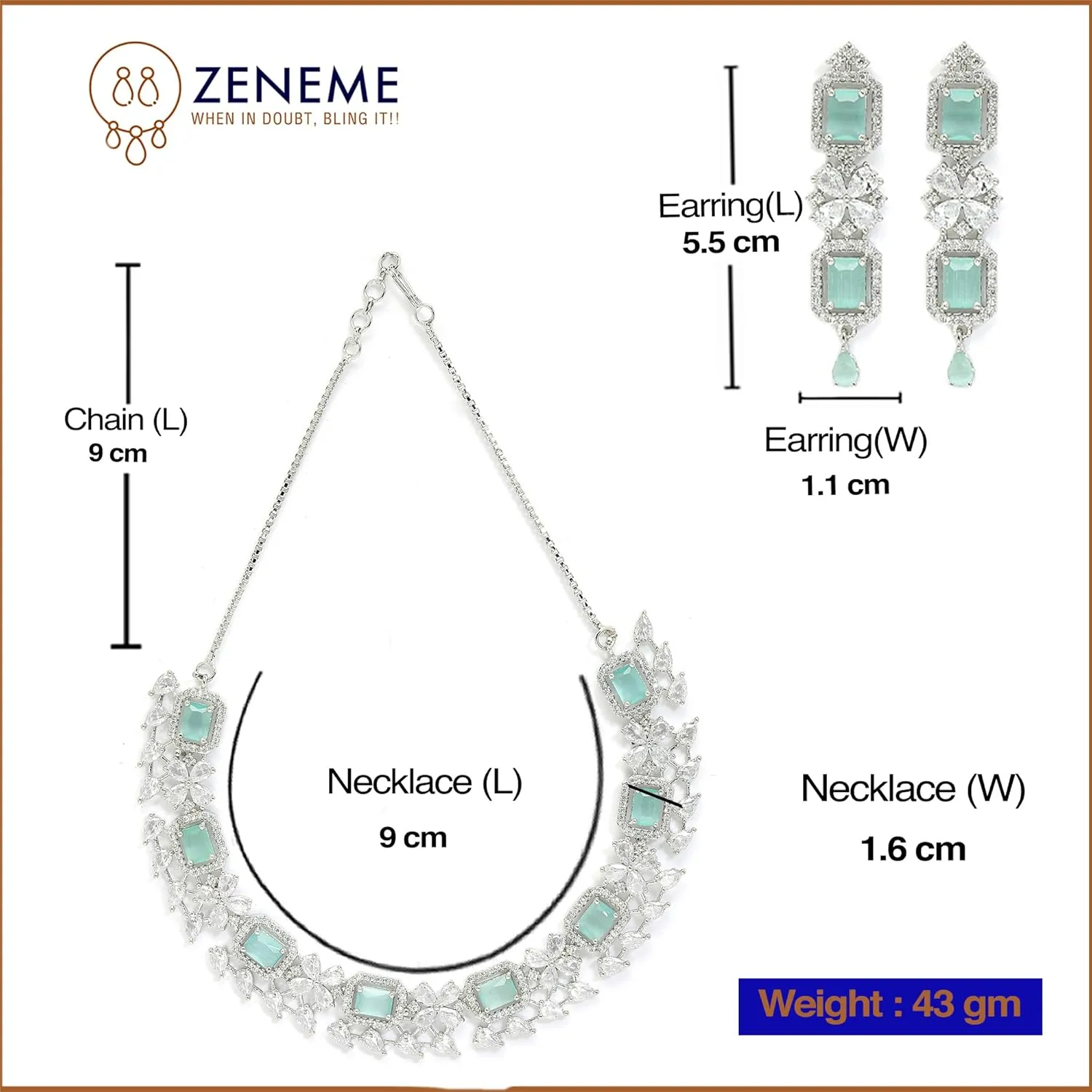 Women Rhodium-Plated with Silver-Toned Green and American Diamond Studded Necklace and Earrings Jewellery Set