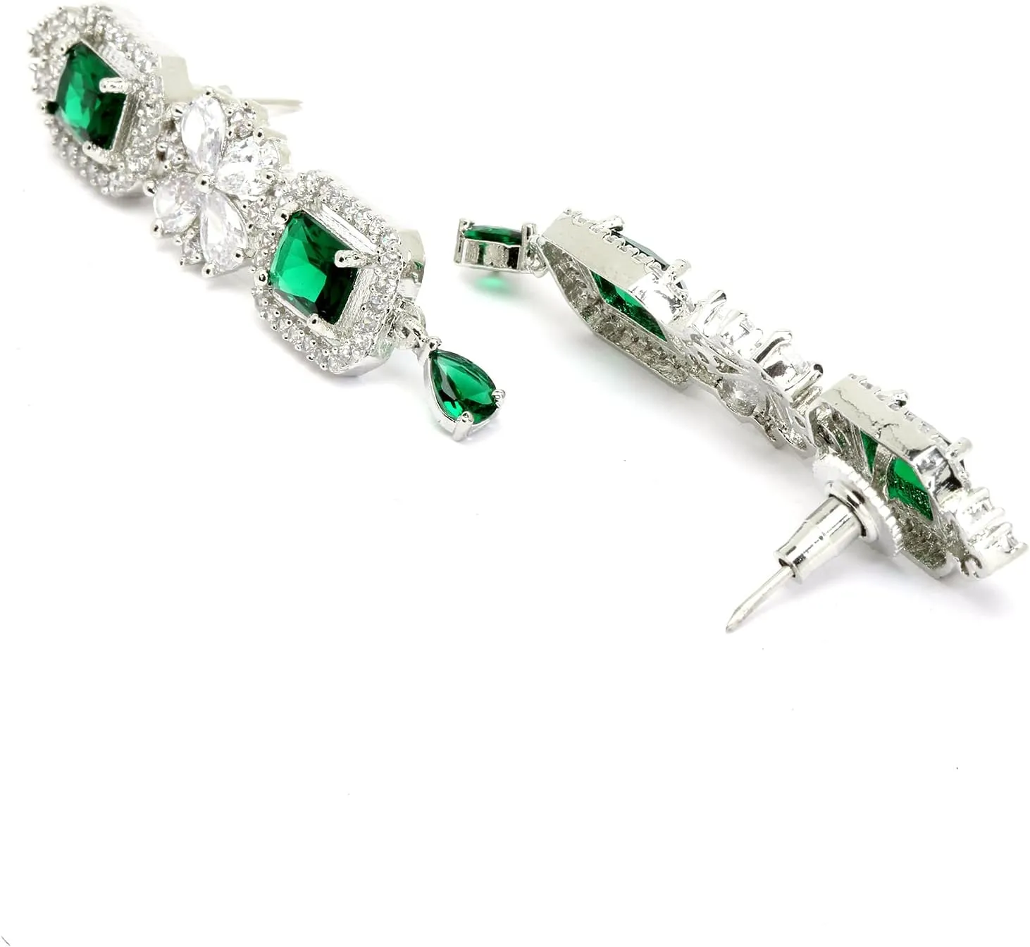 Women Rhodium-Plated with Silver-Toned Green and American Diamond Studded Necklace and Earrings Jewellery Set