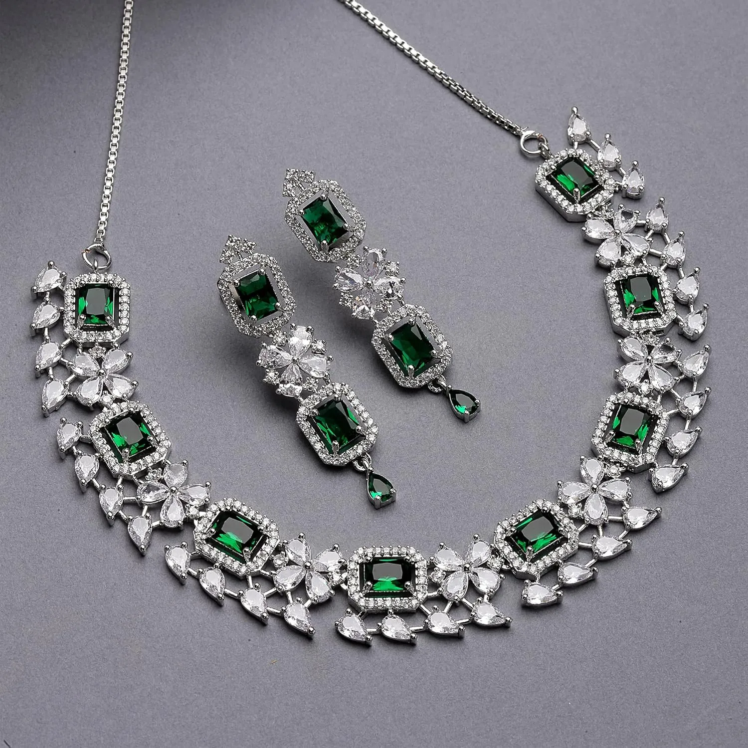 Women Rhodium-Plated with Silver-Toned Green and American Diamond Studded Necklace and Earrings Jewellery Set