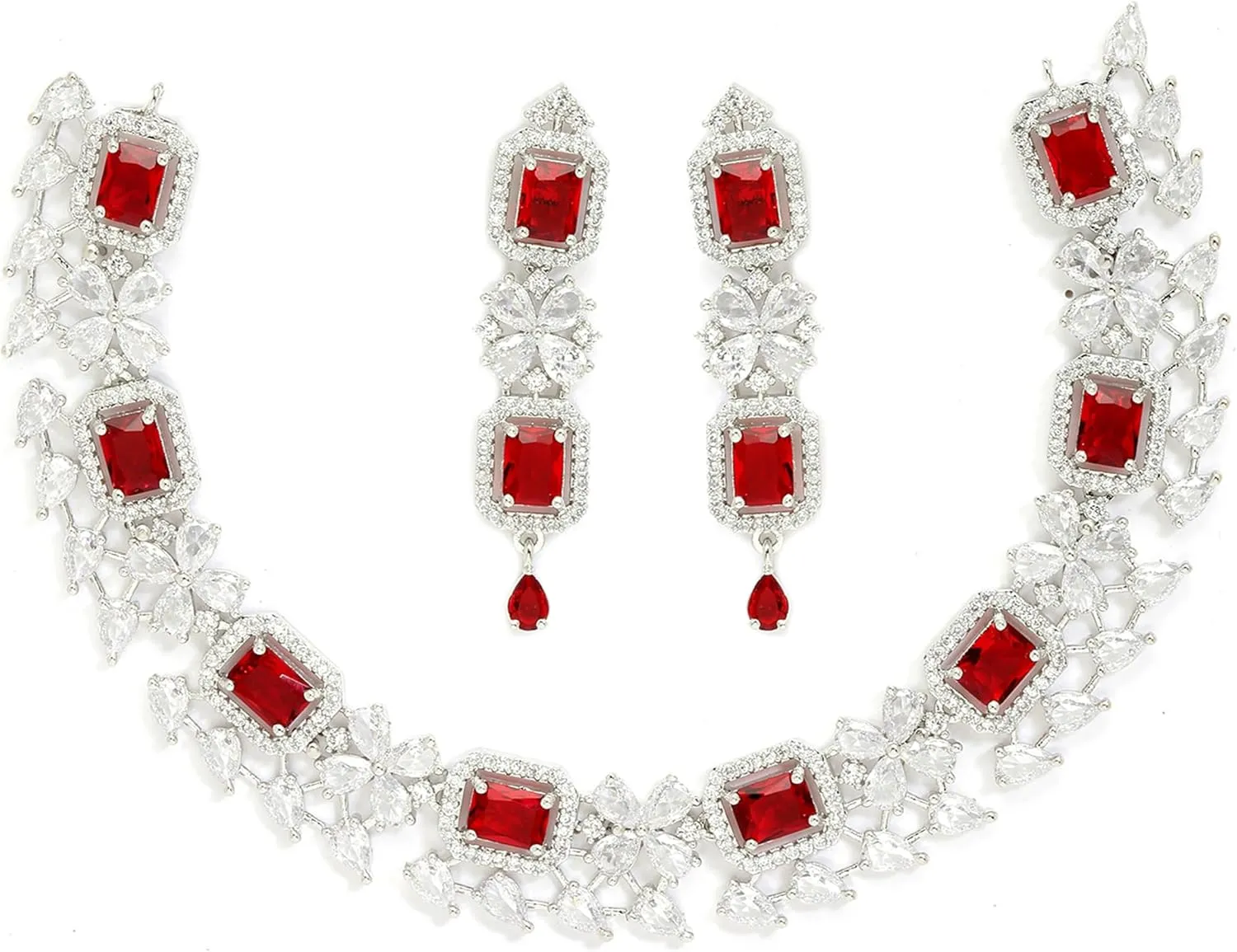 Women Rhodium-Plated with Silver-Toned Green and American Diamond Studded Necklace and Earrings Jewellery Set