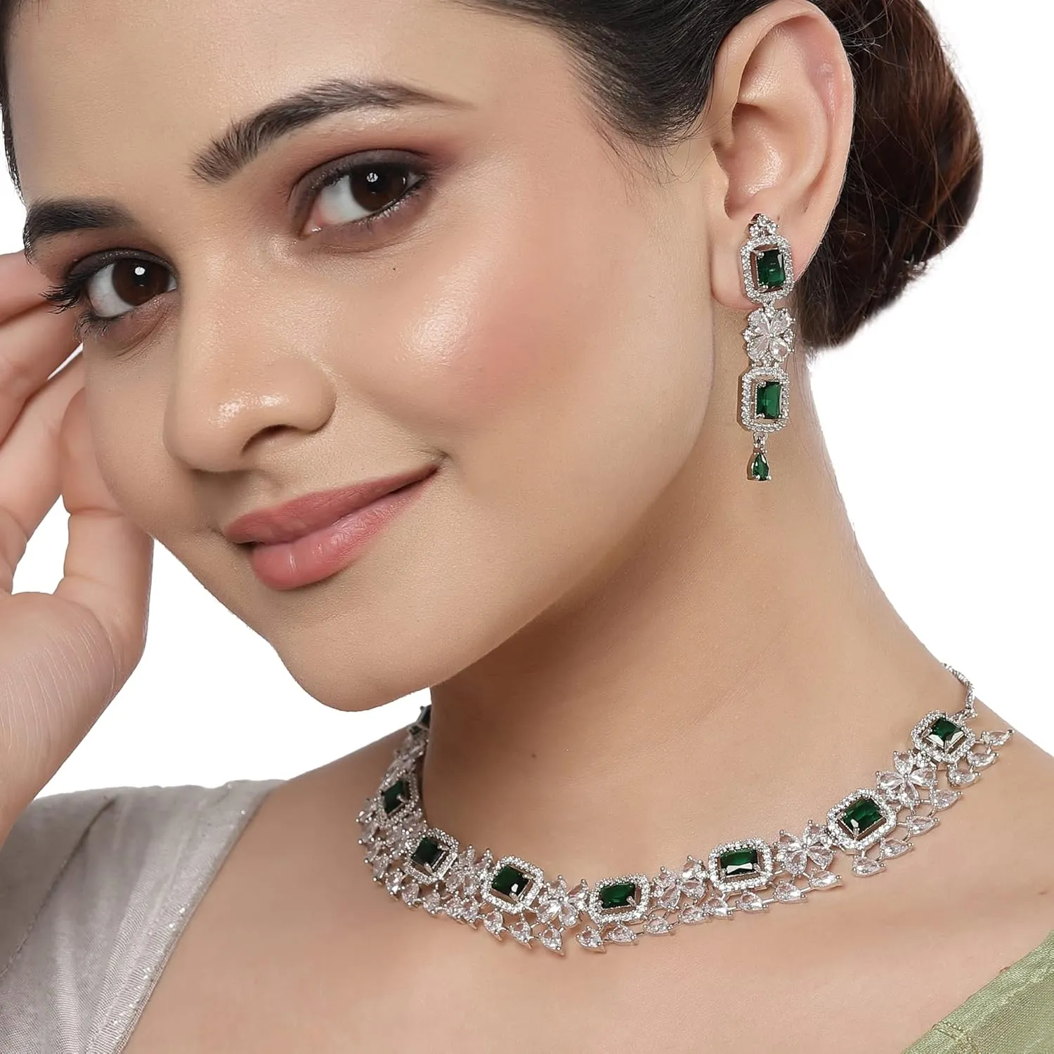 Women Rhodium-Plated with Silver-Toned Green and American Diamond Studded Necklace and Earrings Jewellery Set