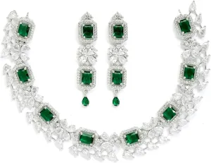 Women Rhodium-Plated with Silver-Toned Green and American Diamond Studded Necklace and Earrings Jewellery Set