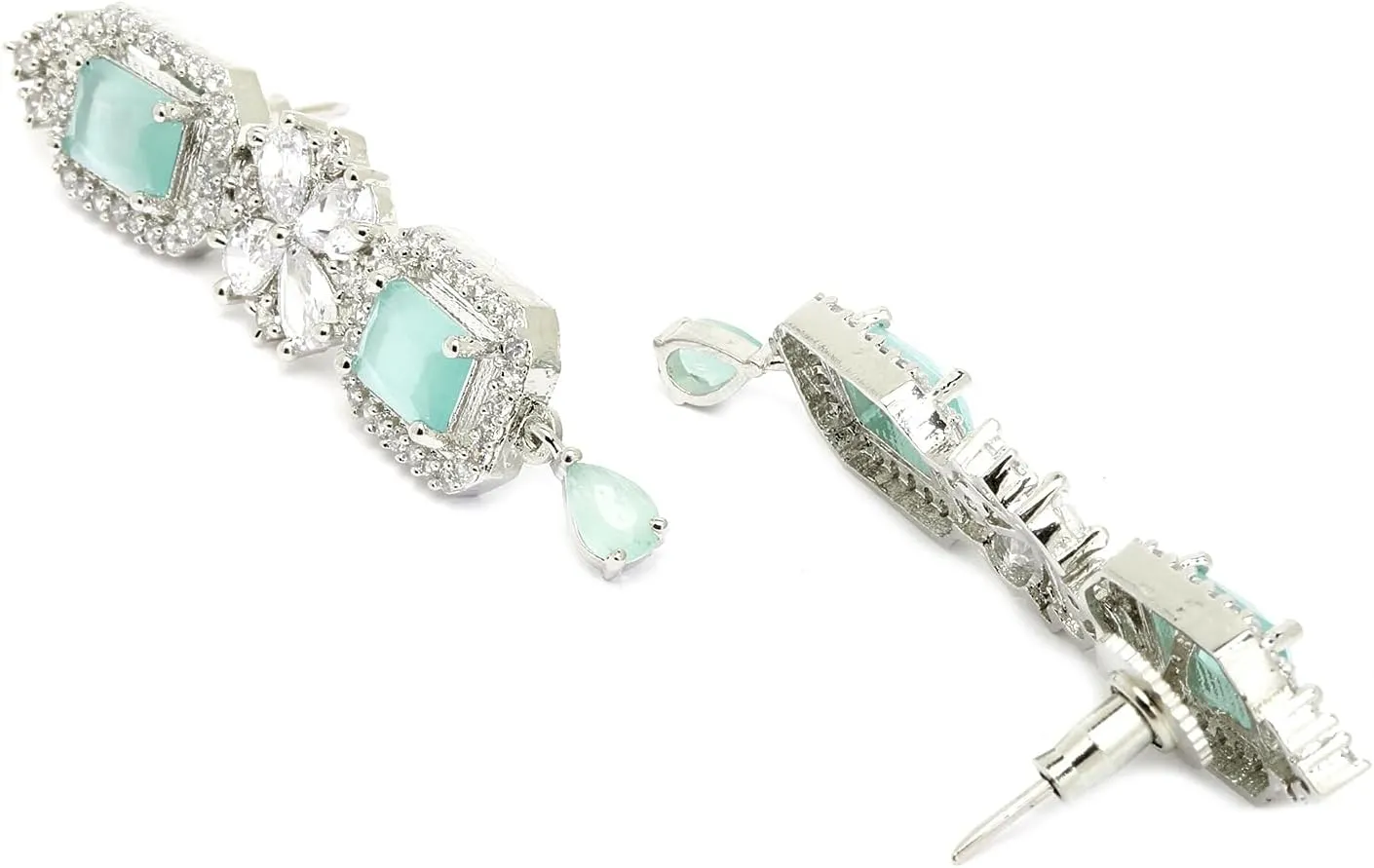 Women Rhodium-Plated with Silver-Toned Green and American Diamond Studded Necklace and Earrings Jewellery Set