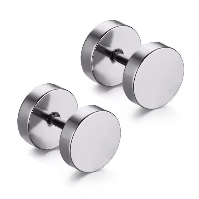 YYW 1Pair Punk Double Sided Round Titanium Steel Earrings Men Women Blue Gold-color Fake Ear Plugs Gothic Barbell Stud Earring