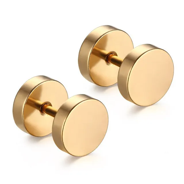 YYW 1Pair Punk Double Sided Round Titanium Steel Earrings Men Women Blue Gold-color Fake Ear Plugs Gothic Barbell Stud Earring